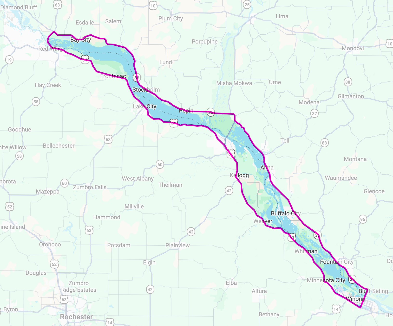 Screenshot | Minnesota Kayak Fishing Association Mississippi River corridor highlighted in blue with a magenta boundary from Red Wing to Winona, Minnesota.