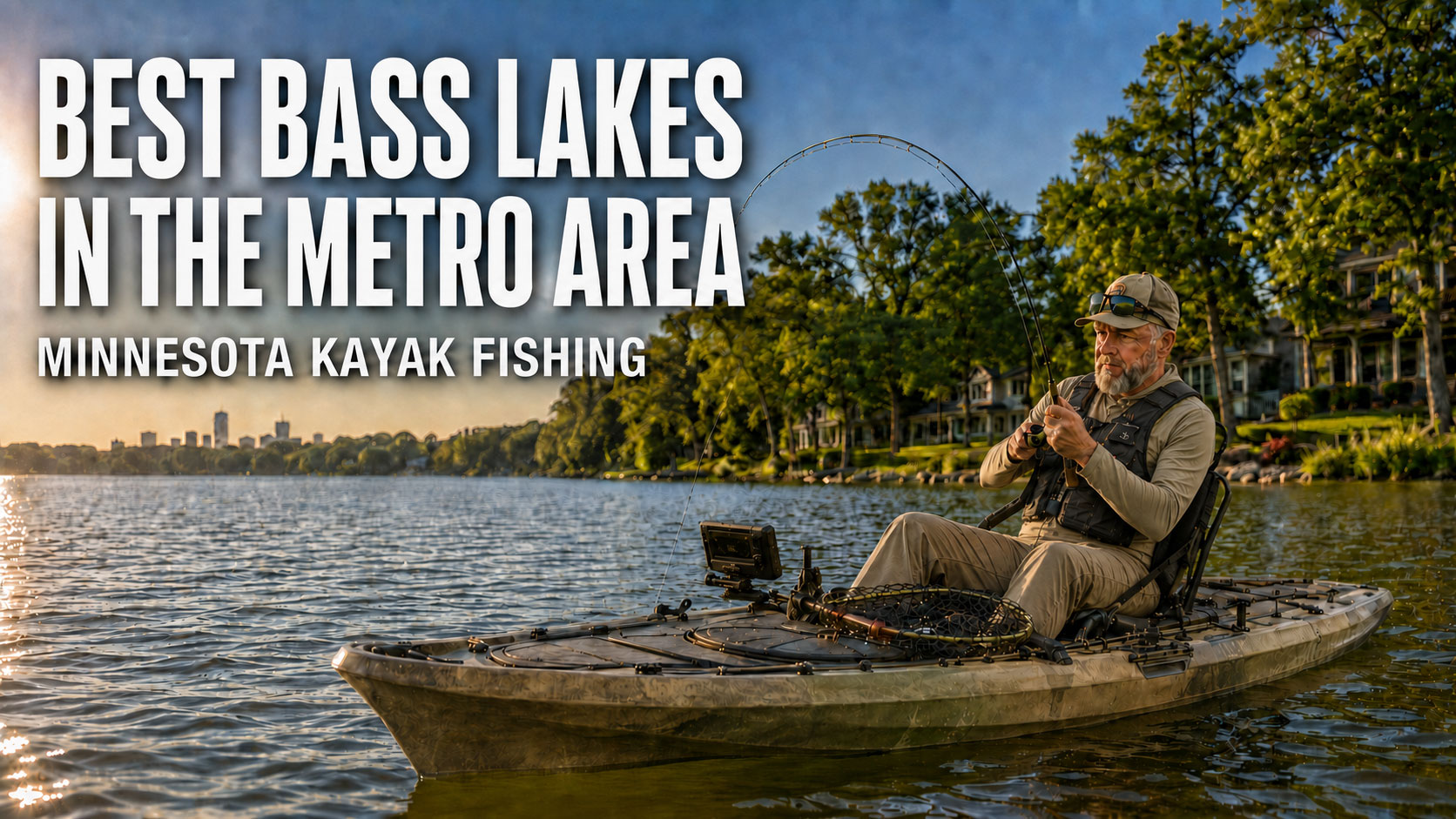 Best-MN-Metro-Lakes-For-Kayak-Bass-Fishing | Minnesota Kayak Fishing Association Kayaker fishing from a wide boat on a calm lake with a city skyline, bold title text: 'Best Bass Lakes in the Metro Area' (Minnesota Kayak Fishing).