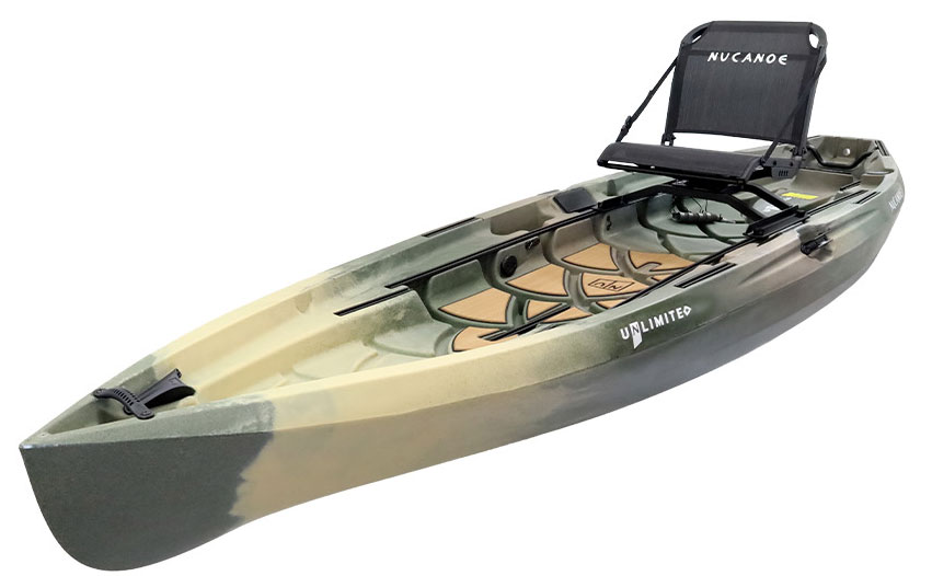 NuCanoe-UNLMITED-Fishing-Kayak | Minnesota Kayak Fishing Association Camouflage-style sit-on-top fishing kayak with a high back, adjustable seat, and storage compartments along the hull (brand visible as 'UNLIMITED').