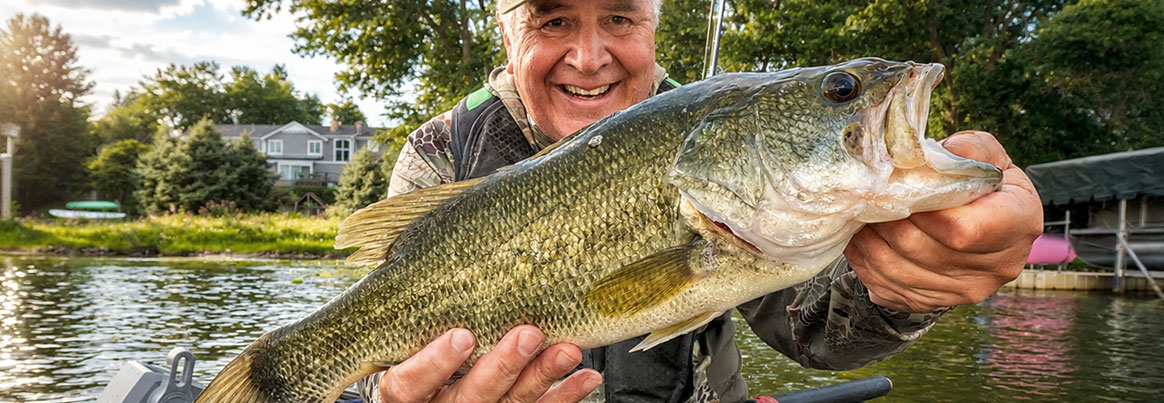 Ron-Strauss-Elite-Kayak-Bass-Angler | Minnesota Kayak Fishing Association Man in a camouflage jacket shows a large bass he caught, lake and houses in the background.