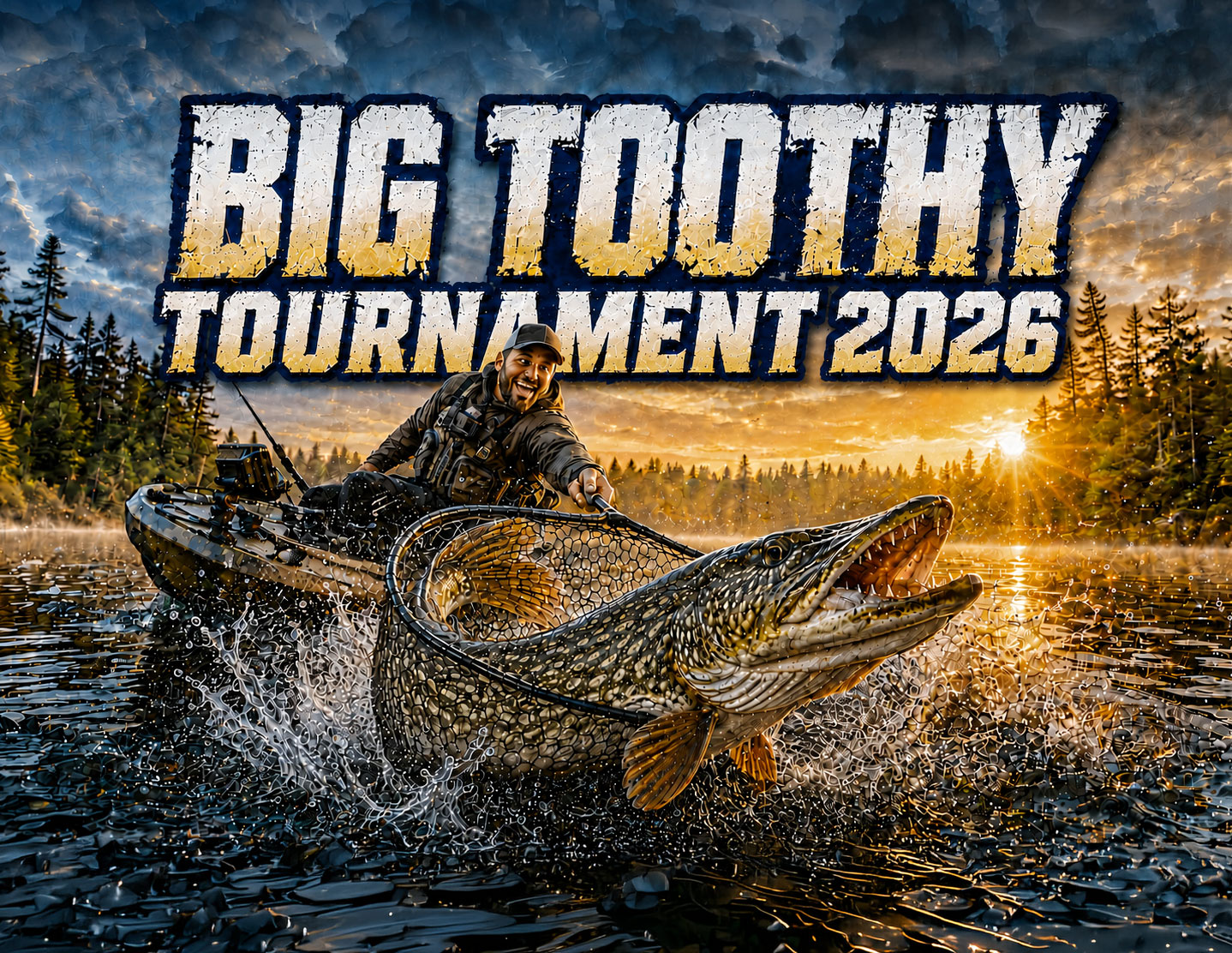 BTT-Kayak-Fishing-Tournament-2026 | Minnesota Kayak Fishing Association Poster for the Big Toothy Tournament 2026 showing a man in a boat reeling in a giant, detailed northern pike on a lake at sunset with a forest backdrop and bold weathered lettering.