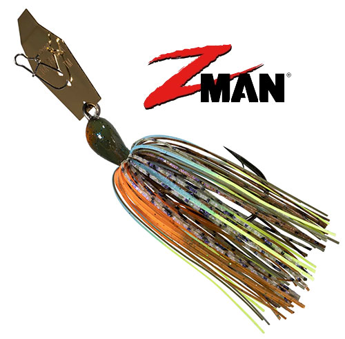 Z-Man brand jig fishing lure with a metal blade and multicolored silicone skirt, shown with logo above right.